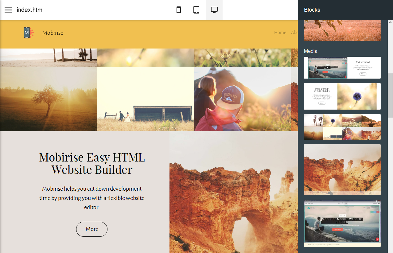 Mobirise Easy HTML Website Builder allows you to create a fully responsive website that can be accessed through PC or mobile devices.